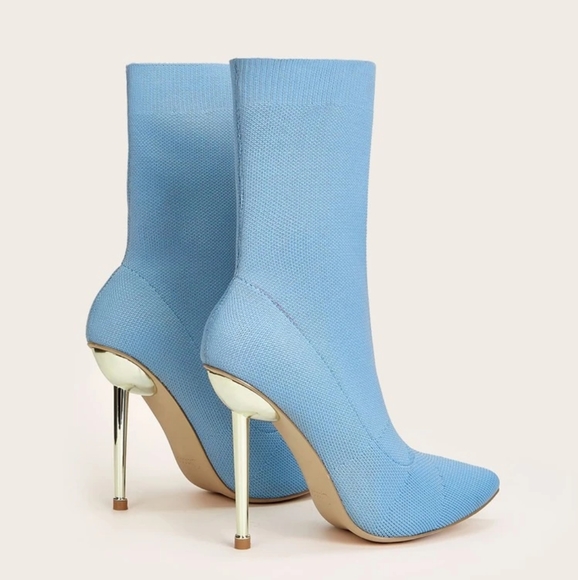 Minimalist Accent Golden Heel Pointy Toe Ankle Sock Stiletto Heeled Knit Boots - Picture 2 of 7